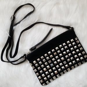 Leather and suede studded crossbody